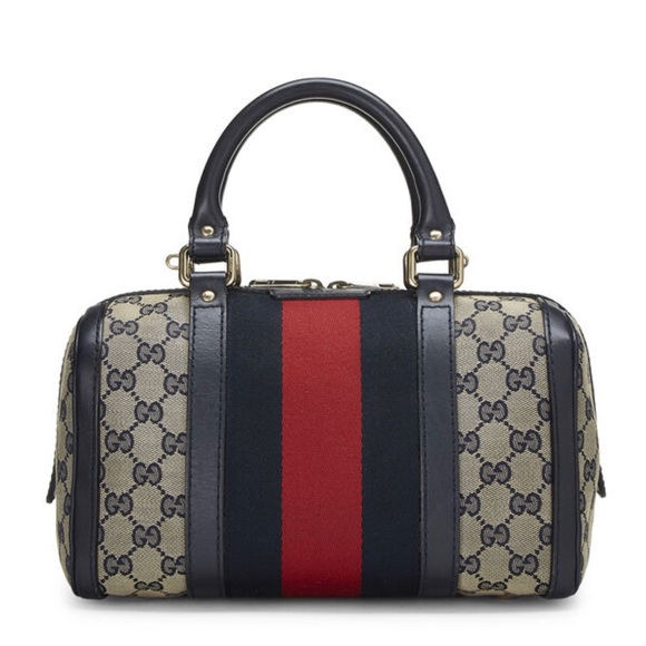 NAVY ORIGINAL GG CANVAS WEB BOSTON HANDBAG SMALL - Picture 1 of 12